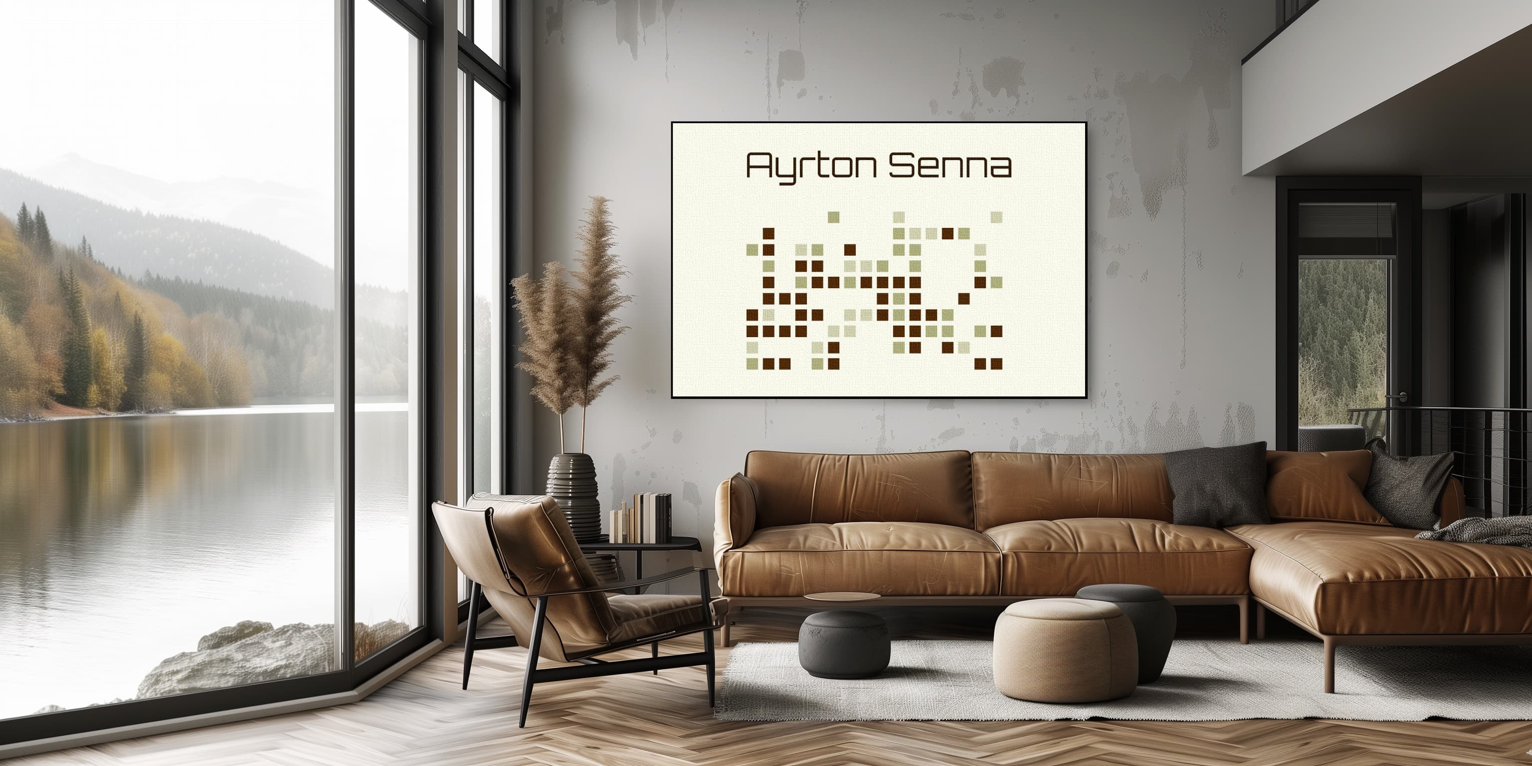 Modern living room with poster of data visualisation of Ayrton Senna's F1 career